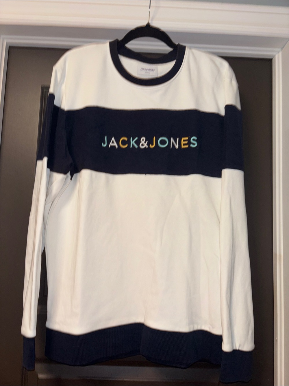 Jack & Jones White and Navy Stripe Logo Crewneck